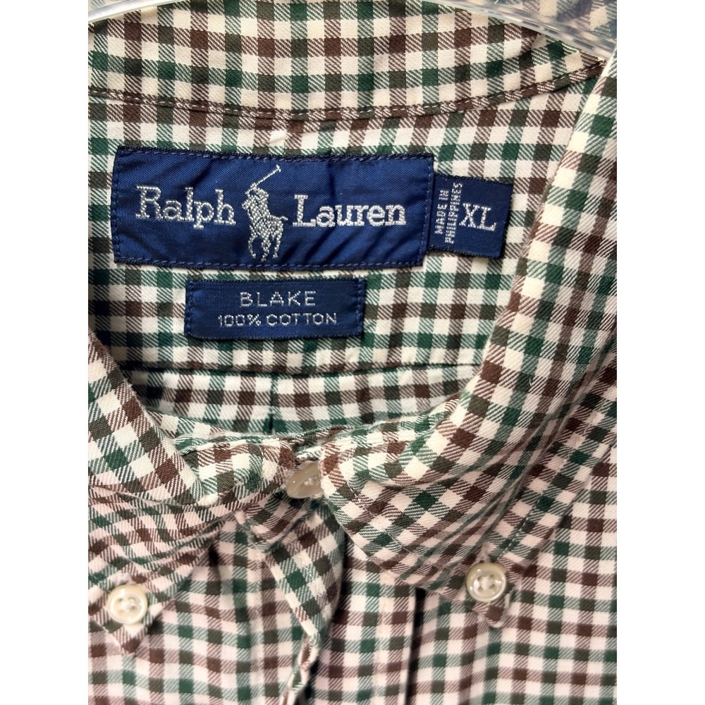 VTG Ralph Lauren Blake 90s Cotton Green Brown Gingham Button Down Shirt XL - Picture 5 of 7